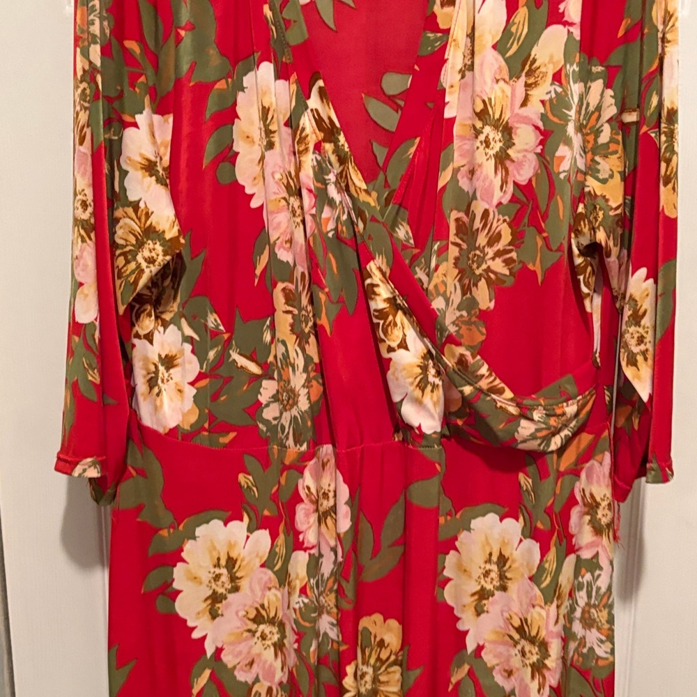 Floral Red Maxi Dress with Tie Waist Plus Size 3X - Picture 3 of 7